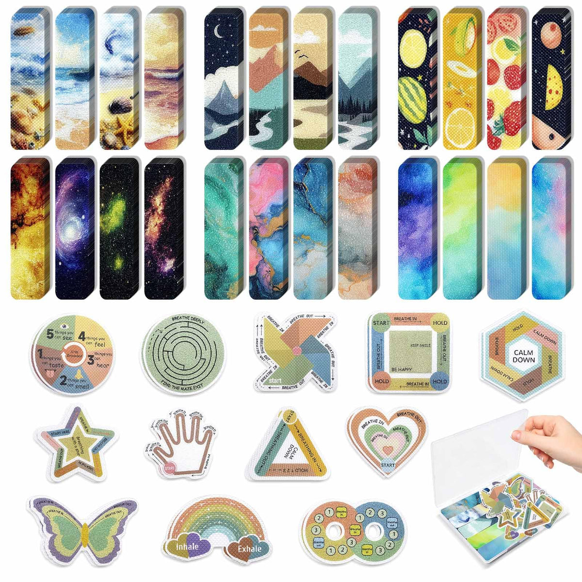 108 Pieces Sensory Stickers - 2 Textured Surface Sensory Stickers with Storage Box - Fidget Strips for Adults, and ADHD - Anxiety Relief Mindfulness Stickers for Office Desk