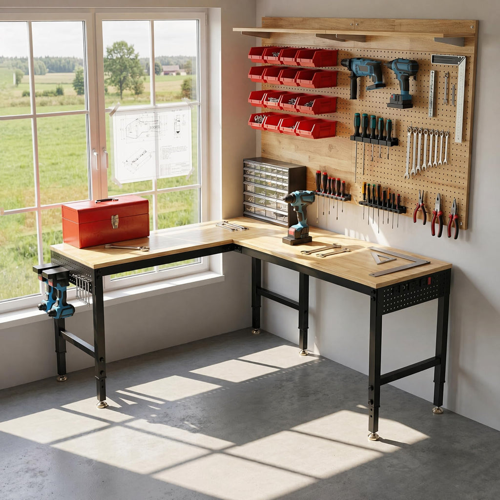 Betterhood 48" Heavy-Duty Adjustable Workbench for Garage, Rubber Wood Shop Table W/Metal Wheels, Hardwood Workstation Weight Capacity Over 2000 Lbs with Wheels