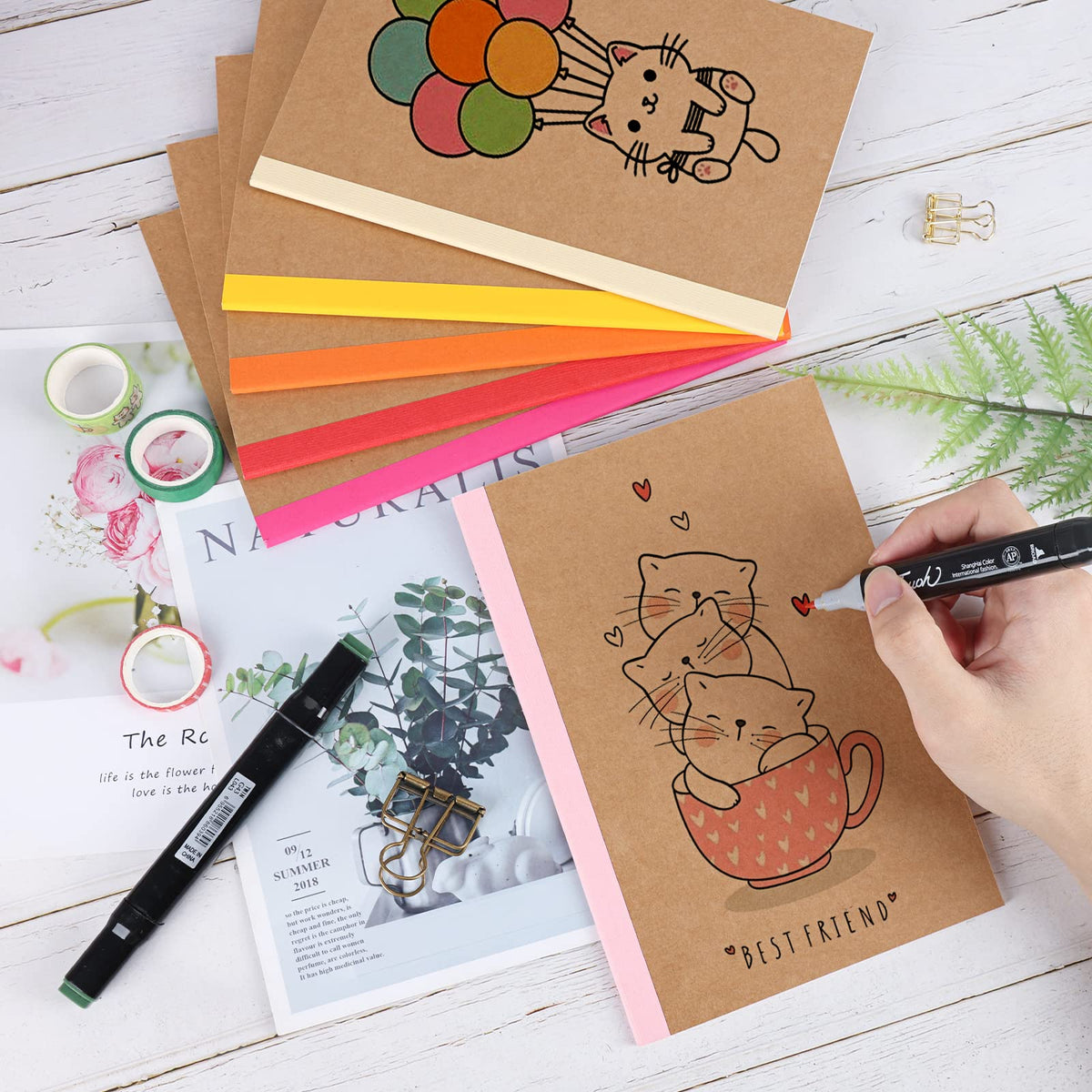 EOOUT 5 Pack A5 Composition Notebook, Kraft Lined Journal Bulk with Rainbow Spine, 5 Colors, 60 Pages for Women Girls Kids, School Office Supplies