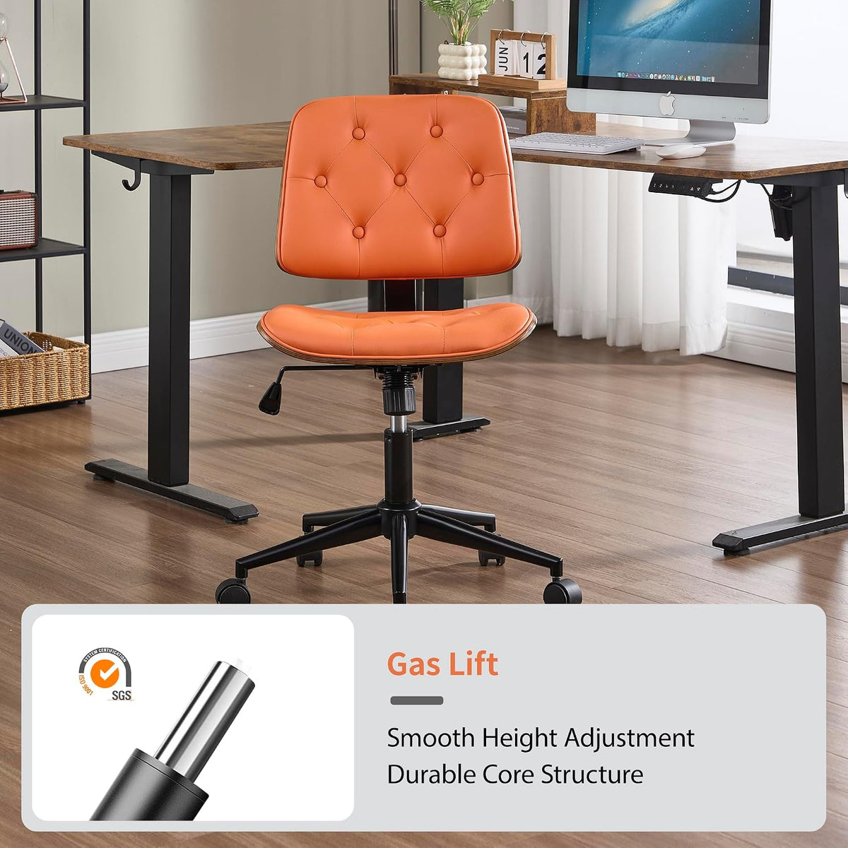 VipDesk Small Home Office Chair - Armless Mid Back Desk Chair with 360° Swivel and Wheels, PU Upholstered Height Adjustable Modern Walnut Computer Chair for Home, Office Meeting Room - Orange