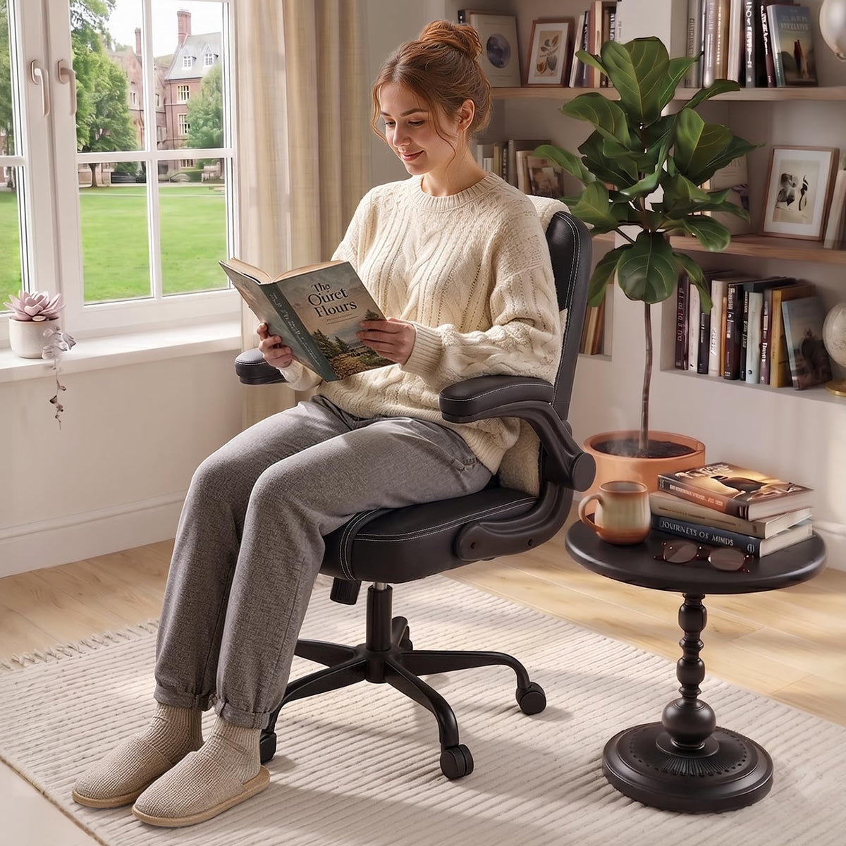 PU Leather Mid-Back Office Chair, Flip-Up Arms, 3.5" Dual-Layer Cushion