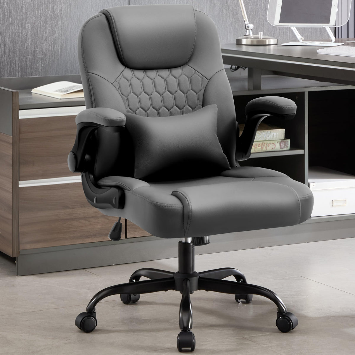 Nexthro PU Leather Study Chair with Lumbar Pillow and Flip-Up Arms