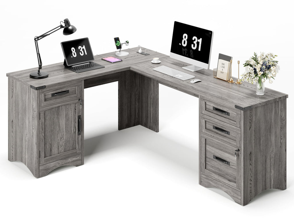 Decofy 67" Farmhouse L Shaped Standing Desk with Drawers Home Office Executive Desks with Fast Charging Station, Lockable File Cabinet, Wood Writing Computer Desk for Work, Study, White