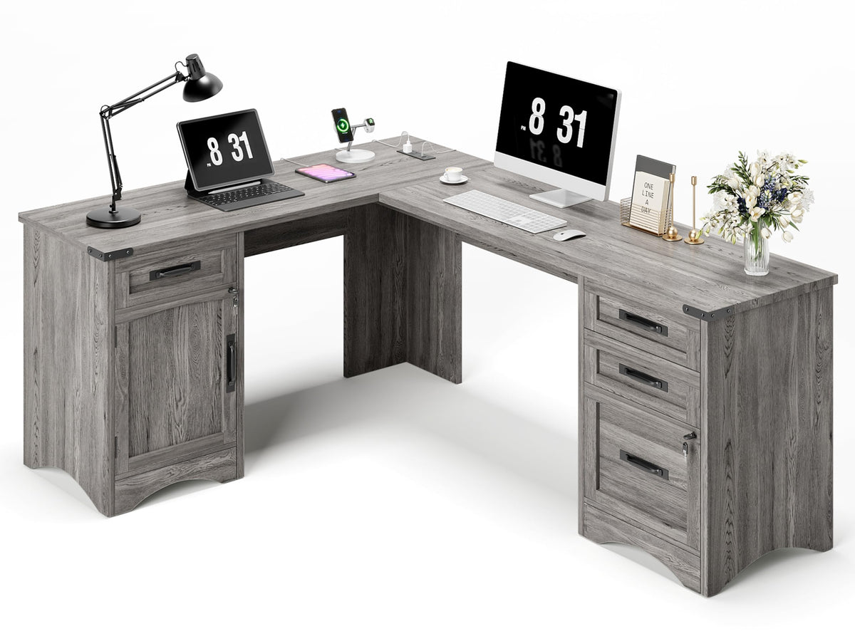 Decofy 67" Farmhouse L Shaped Standing Desk with Drawers Home Office Executive Desks with Fast Charging Station, Lockable File Cabinet, Wood Writing Computer Desk for Work, Study, White