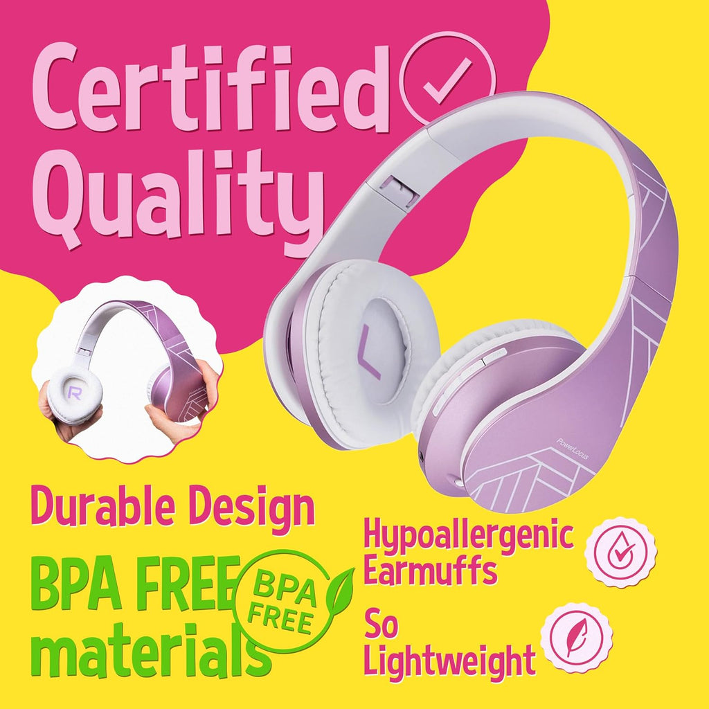 PowerLocus Kids Headphones Over-Ear, Bluetooth Wireless Headphones for Kids,with Microphone, Safe 85DB Volume Limited, Foldable with Carry Case, Audio Cable, Micro SD mode for Online Classes,PC,Phones