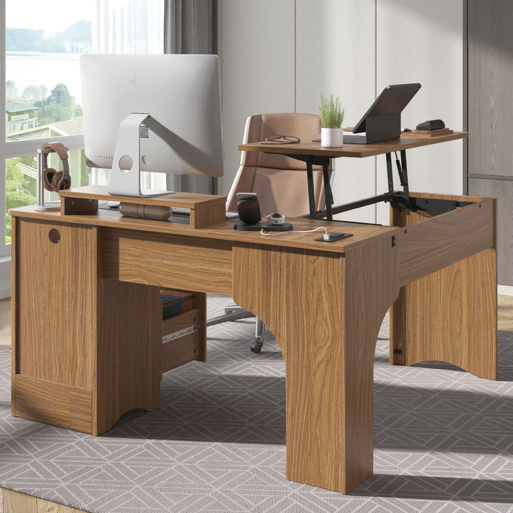 Bestier: 55" L-Shaped Student Study Desk with Manual Lift Top, USB Charging & File Drawer