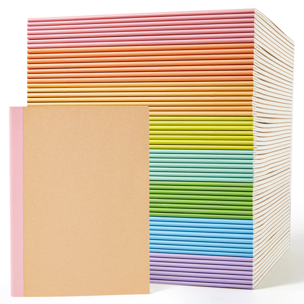 Feela 56-Pack A5 Kraft Notebooks – 60 Pages, Lined | Rainbow Spine Bulk Journal Set for Classrooms & Junk Journaling