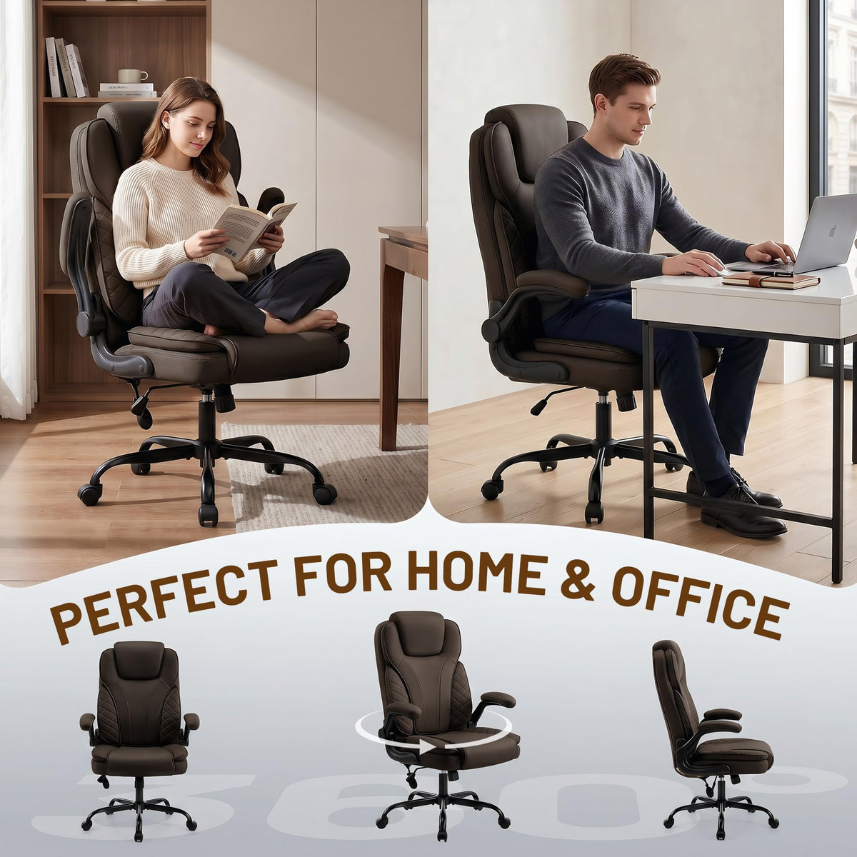 Ergonomic Office Chair, PU Leather High Back Executive Chair with Adjustable Inflatable Lumbar Support and Padded Flip-Up Arms, Recline Swivel Task Computer Chair for Home Office, Khaki