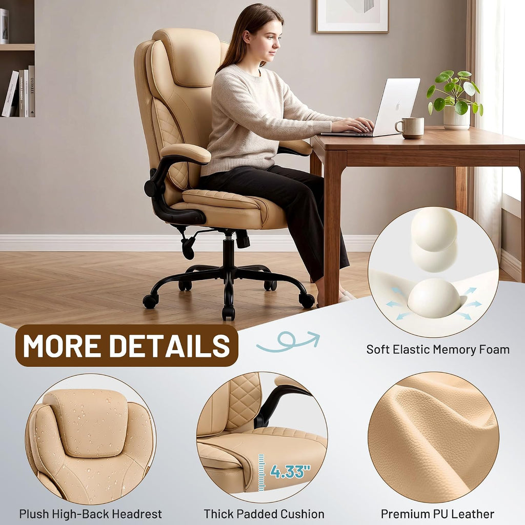Ergonomic Office Chair, PU Leather High Back Executive Chair with Adjustable Inflatable Lumbar Support and Padded Flip-Up Arms, Recline Swivel Task Computer Chair for Home Office, Khaki