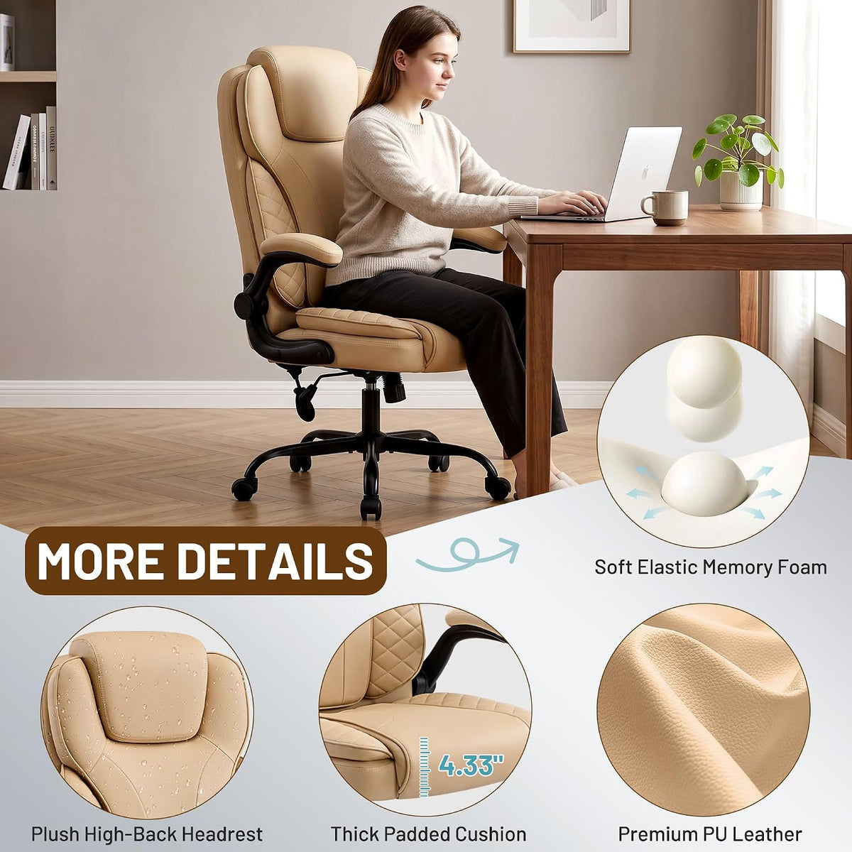 Ergonomic Office Chair, PU Leather High Back Executive Chair with Adjustable Inflatable Lumbar Support and Padded Flip-Up Arms, Recline Swivel Task Computer Chair for Home Office, Khaki