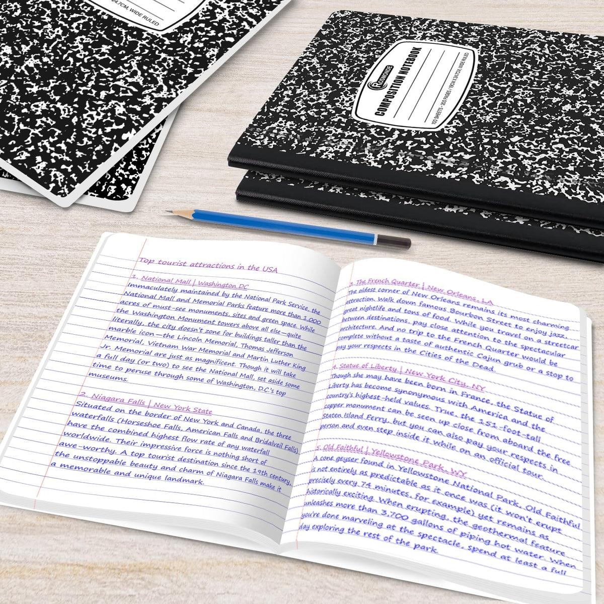 Rosmonde 5 Pack Wide Ruled Composition Notebook, Black Marble Notebooks