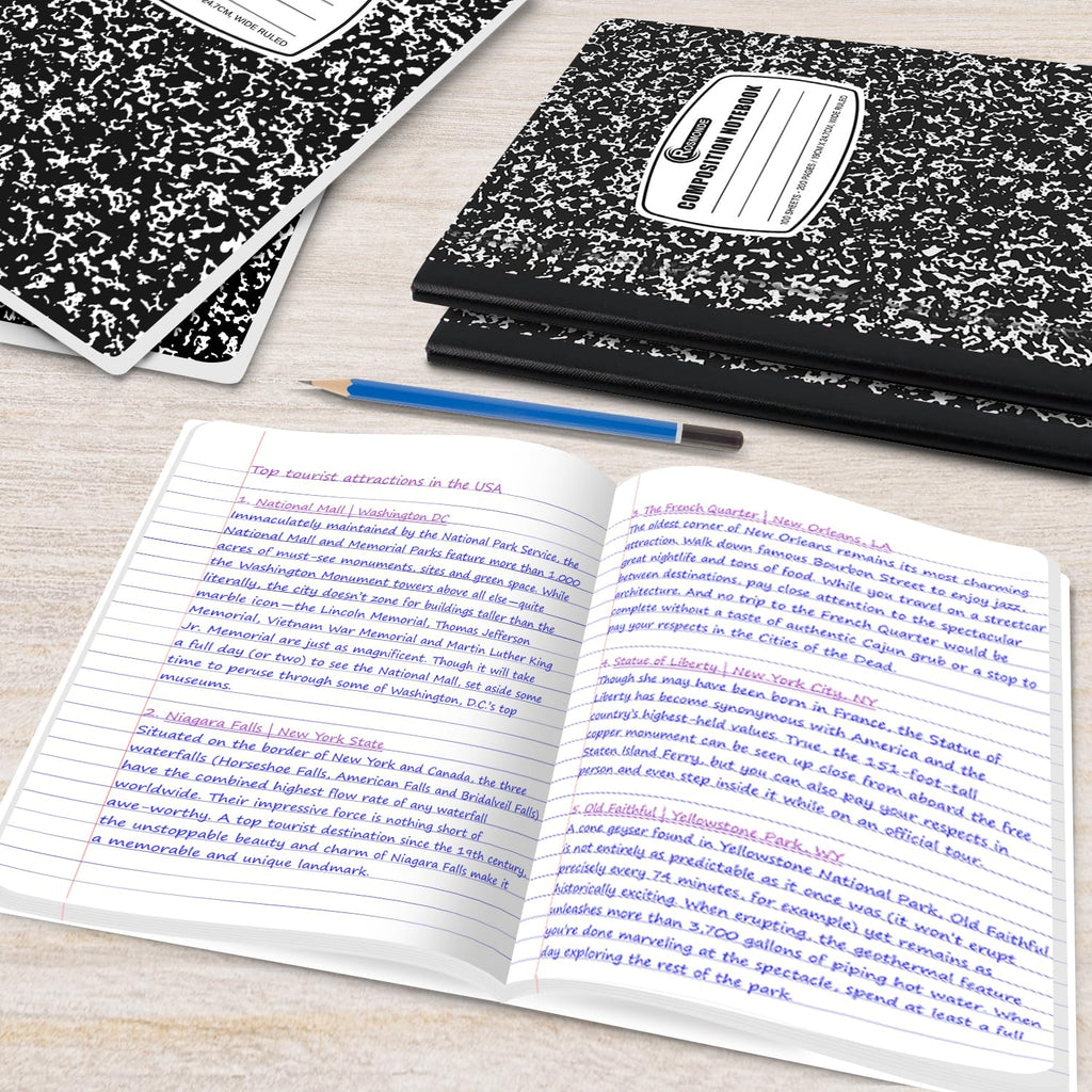 Rosmonde 5 Pack Wide Ruled Composition Notebook, Black Marble Notebooks