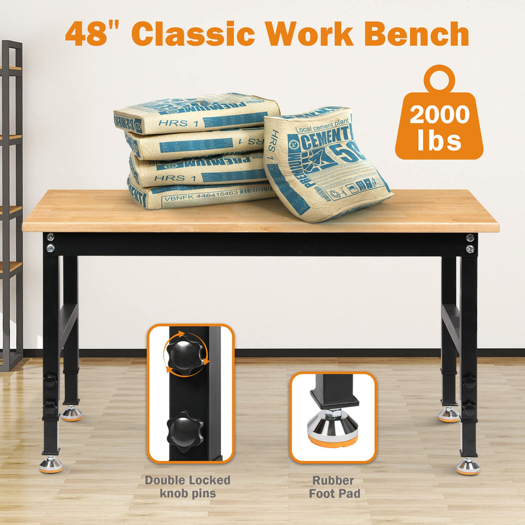 Betterhood 48" Heavy-Duty Adjustable Workbench for Garage, Rubber Wood Shop Table W/Metal Wheels, Hardwood Workstation Weight Capacity Over 2000 Lbs with Wheels