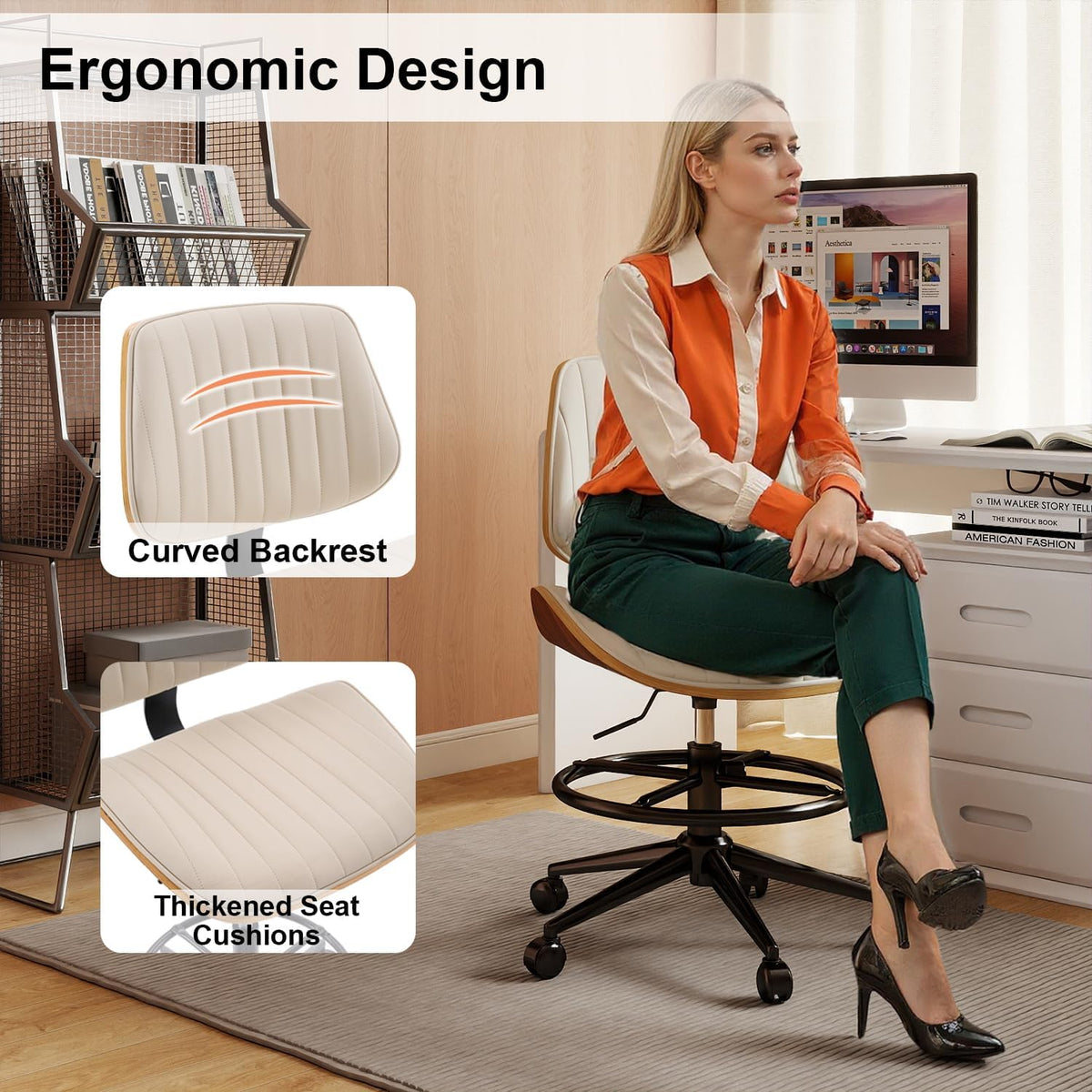 Drafting Chair, Ergonomic Office Chair with Walnut Wood Back Support, Armless PU Leather Desk Chair with Height-Adjustable, Thick Cushion for Home Office, Drafting, Art Studio (Beige)