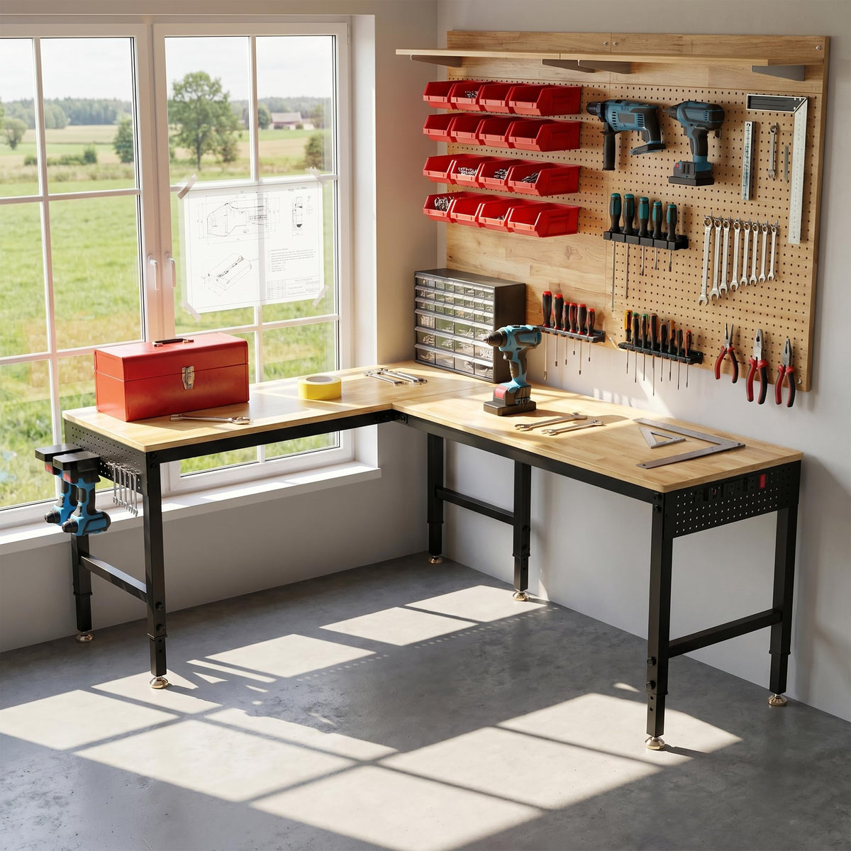 Betterhood 48" Heavy-Duty Adjustable Workbench for Garage, Rubber Wood Shop Table W/Metal Wheels, Hardwood Workstation Weight Capacity Over 2000 Lbs with Wheels