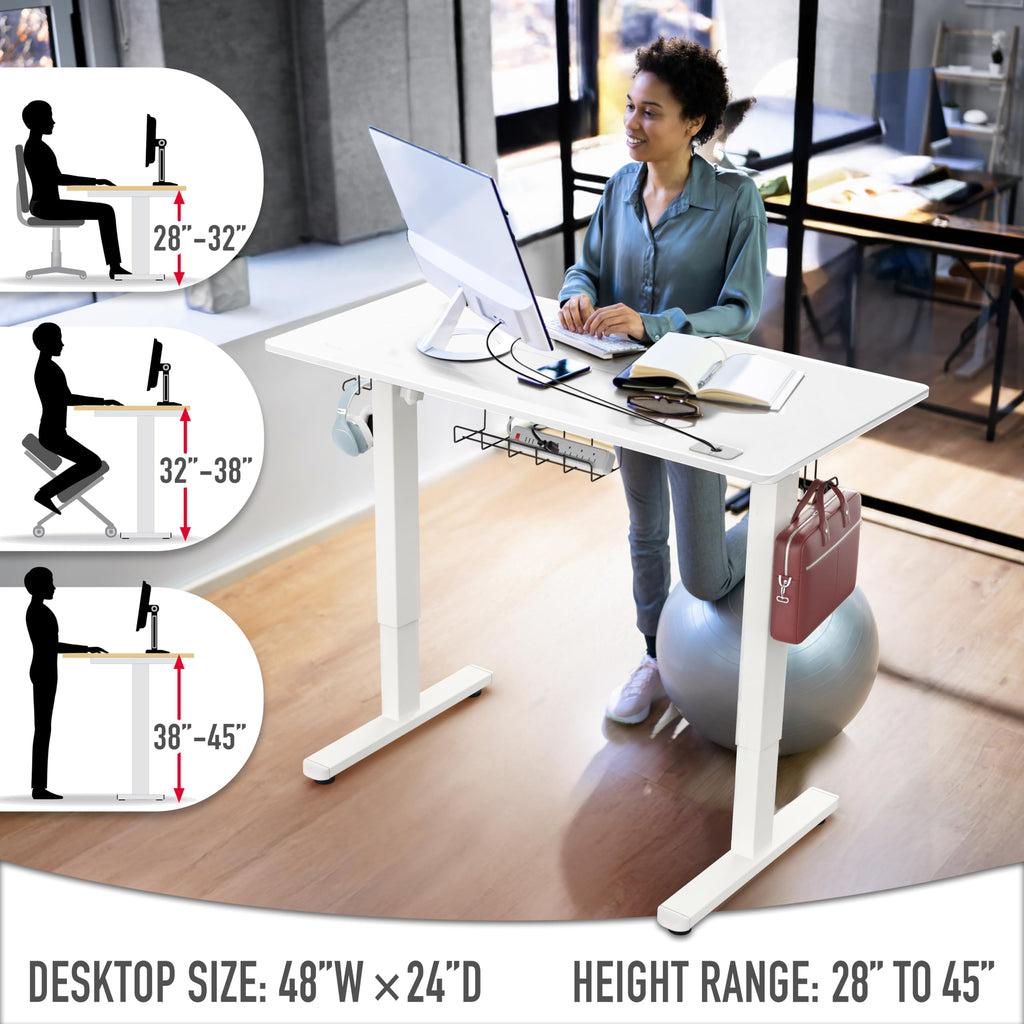 SHW 55 x 28 Electric Height Adjustable Standing Desk w/Drawer, White