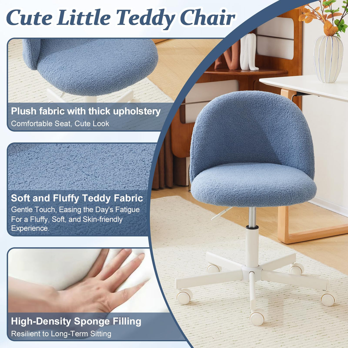 VINGLI Cute Candy Chair Armless Comfy Small Office Desk Vanity Chair with Wheels & Lumbar Support,Teddy Adjustable Rolling Swivel Computer Task Ch for Home Office,Bedroom,Gentle Pink