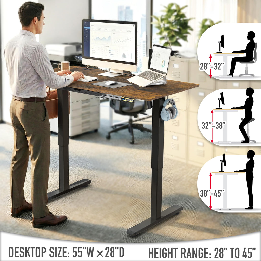SHW 55 x 28 Electric Height Adjustable Standing Desk w/Drawer, White