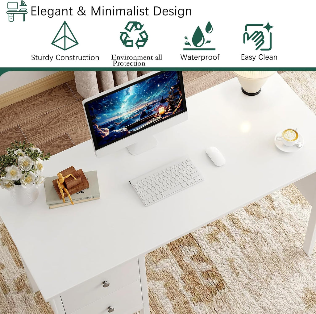 BHG: 43.3" Modern Student Study Desk with Drawers (White)