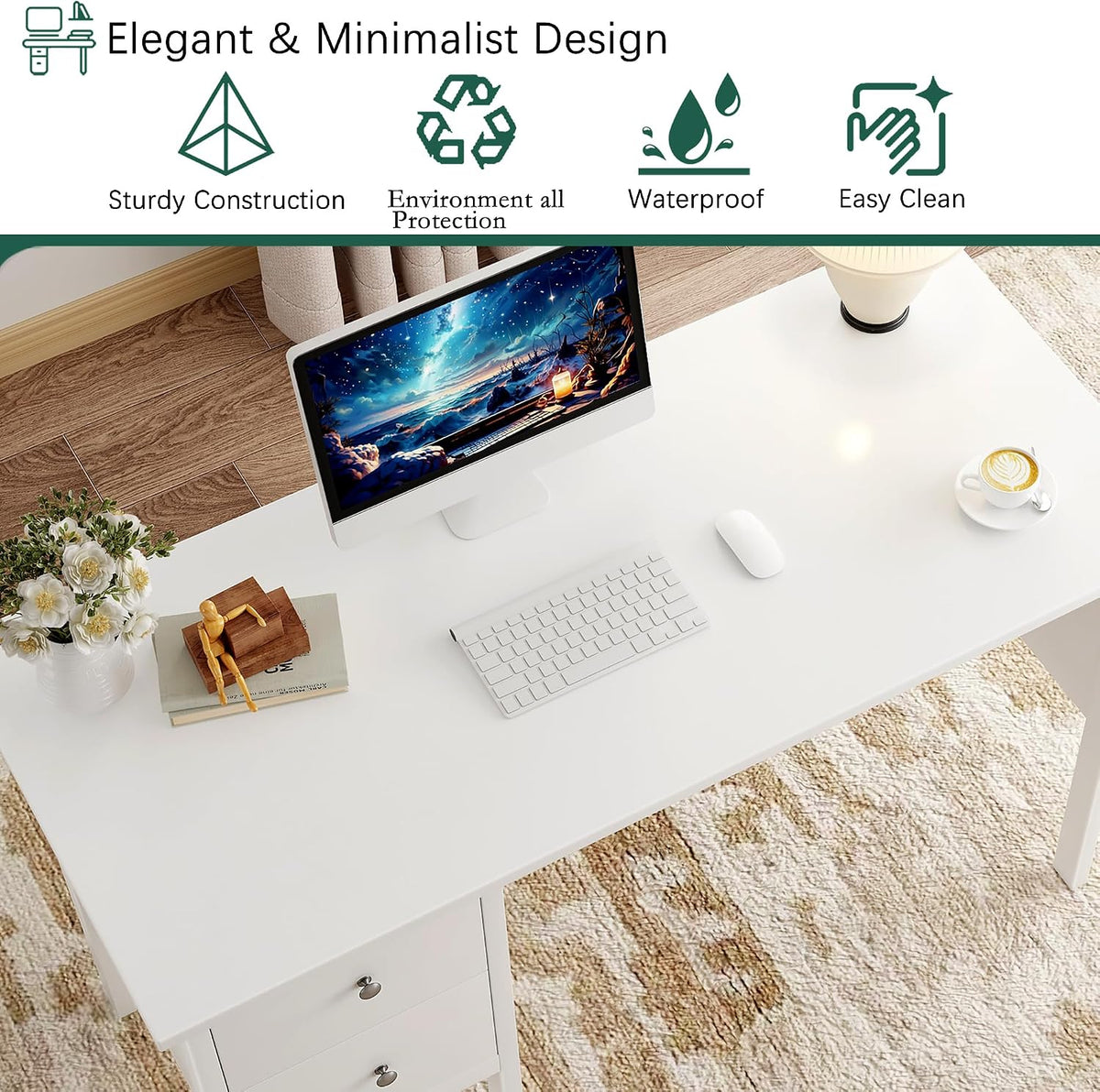 BHG: 43.3" Modern Student Study Desk with Drawers (White)