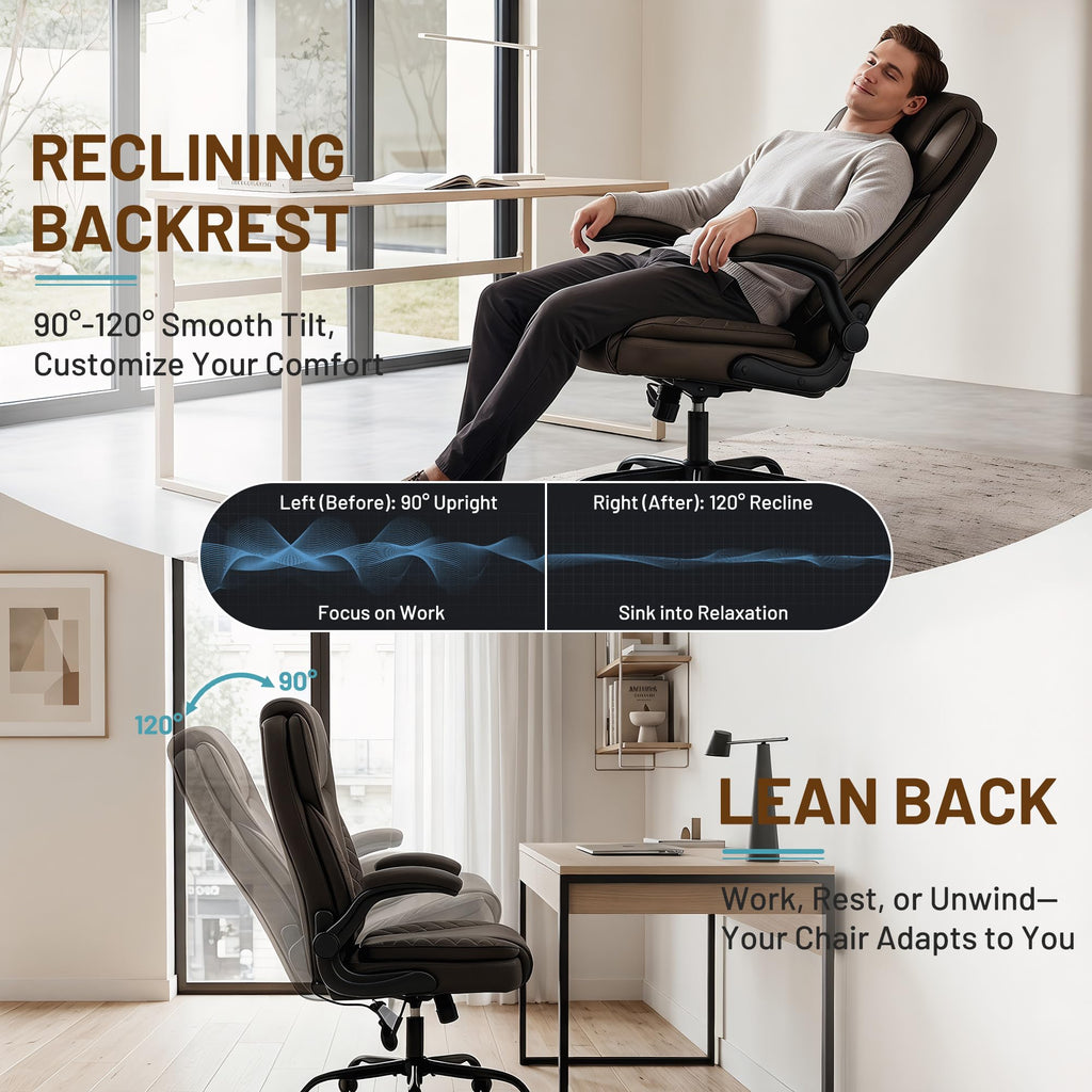 Ergonomic Office Chair, PU Leather High Back Executive Chair with Adjustable Inflatable Lumbar Support and Padded Flip-Up Arms, Recline Swivel Task Computer Chair for Home Office, Khaki