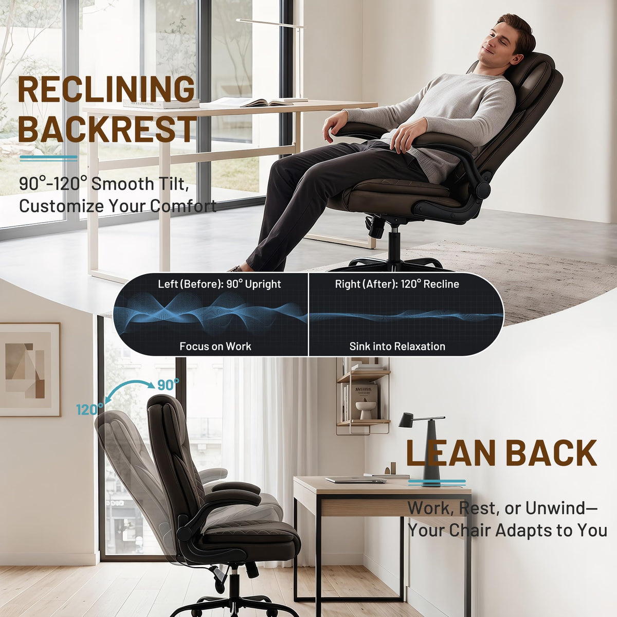 Ergonomic Office Chair, PU Leather High Back Executive Chair with Adjustable Inflatable Lumbar Support and Padded Flip-Up Arms, Recline Swivel Task Computer Chair for Home Office, Khaki