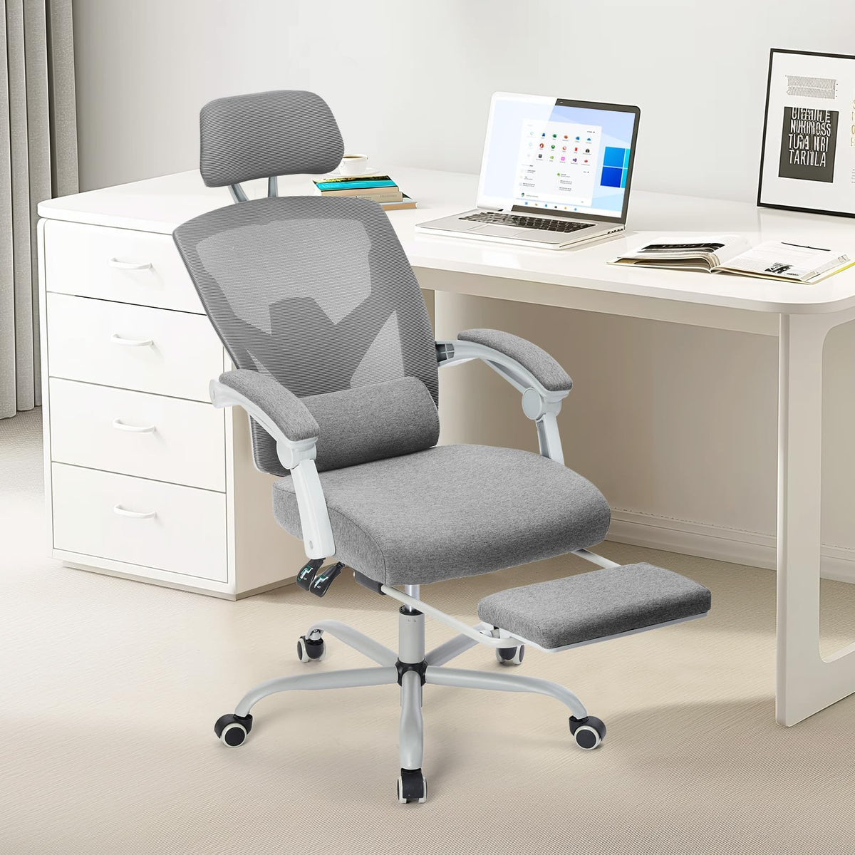 Sweetcrispy Reclining Mesh Study Chair with Adjustable Headrest and Footrest