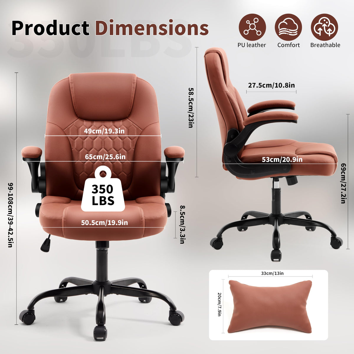 Leather Office Chair Swivel Lumbar Support for Short People Black