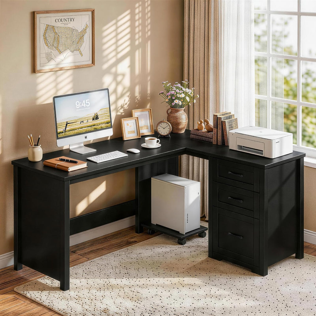 Vabches: 61" Farmhouse L-Shaped Student Study Desk with Drawers & Mobile CPU Mount