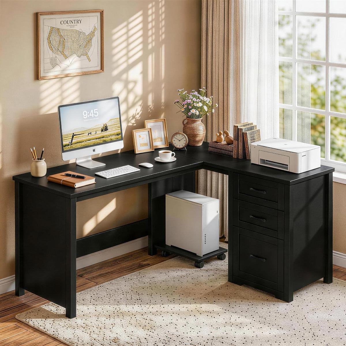 Vabches: 61" Farmhouse L-Shaped Student Study Desk with Drawers & Mobile CPU Mount