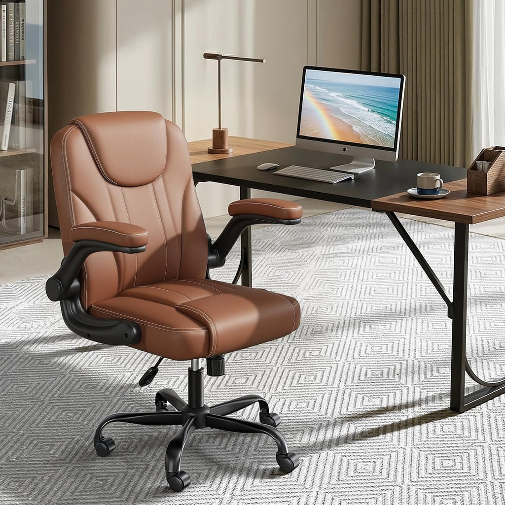PU Leather Mid-Back Office Chair, Flip-Up Arms, 3.5" Dual-Layer Cushion