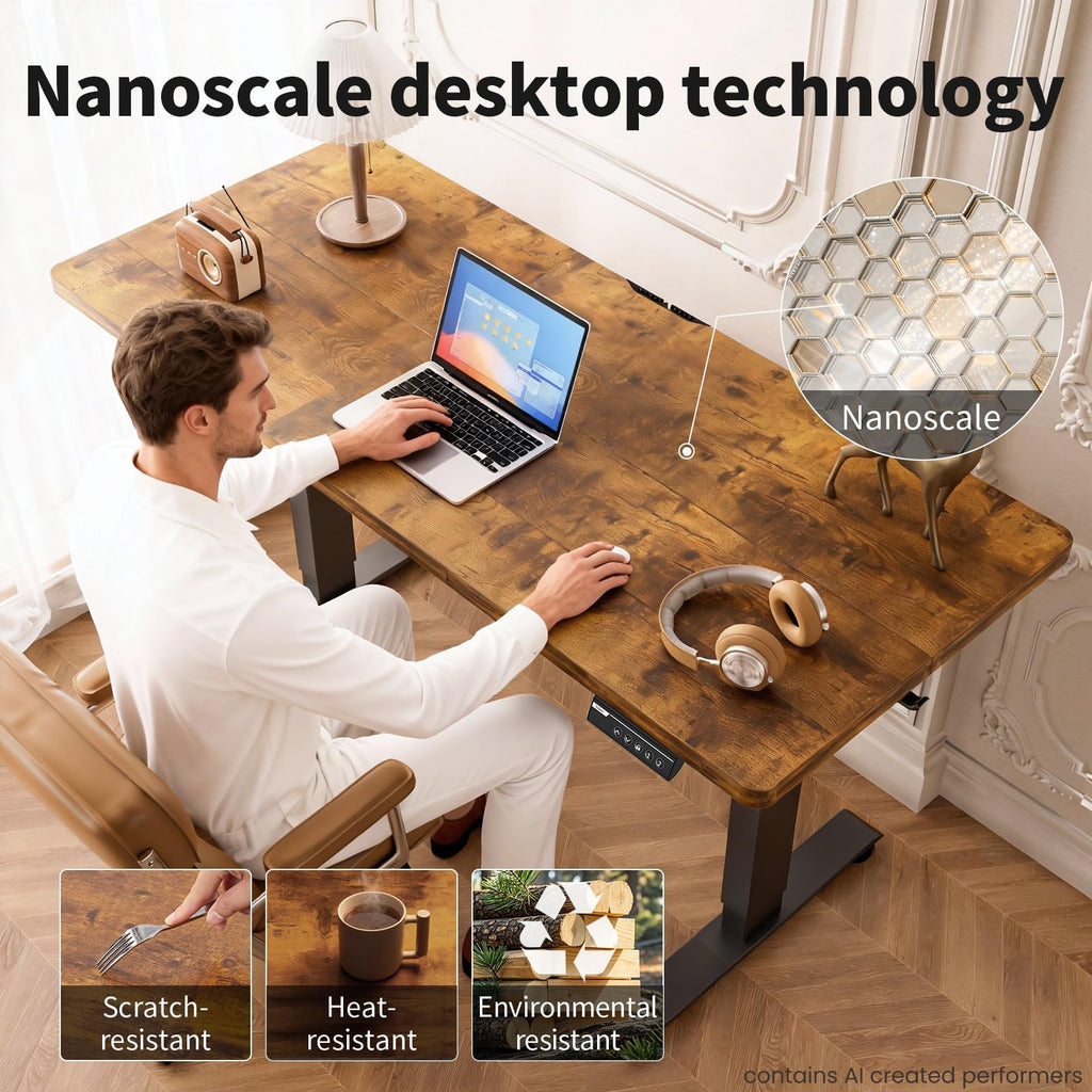 Veken 63"x28" Wider Large Standing Desk, Electric Height Adjustable, Brown
