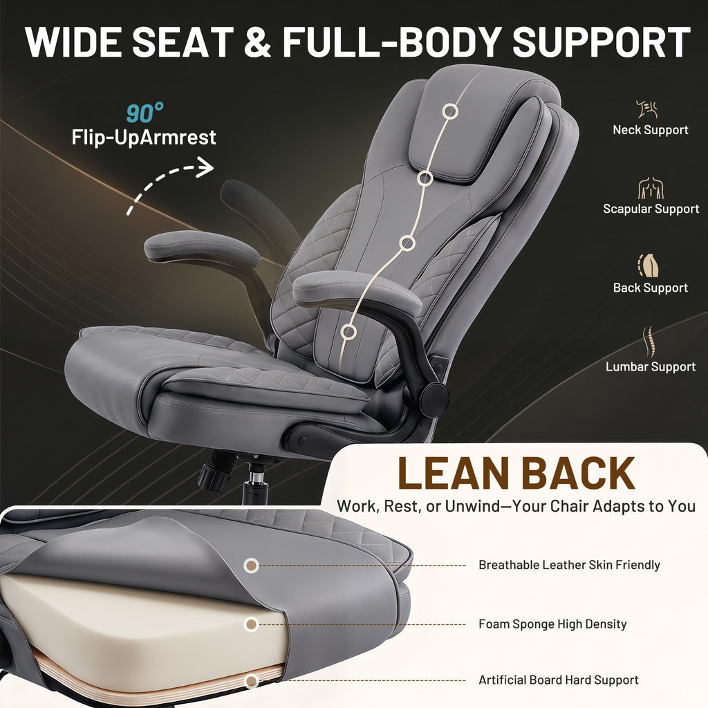 Ergonomic Office Chair, PU Leather High Back Executive Chair with Adjustable Inflatable Lumbar Support and Padded Flip-Up Arms, Recline Swivel Task Computer Chair for Home Office, Khaki