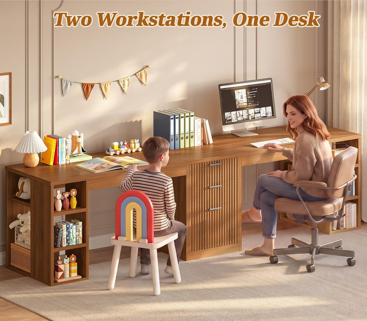 SEDETA 96.5-Inch Two-Student Desk with Drawers