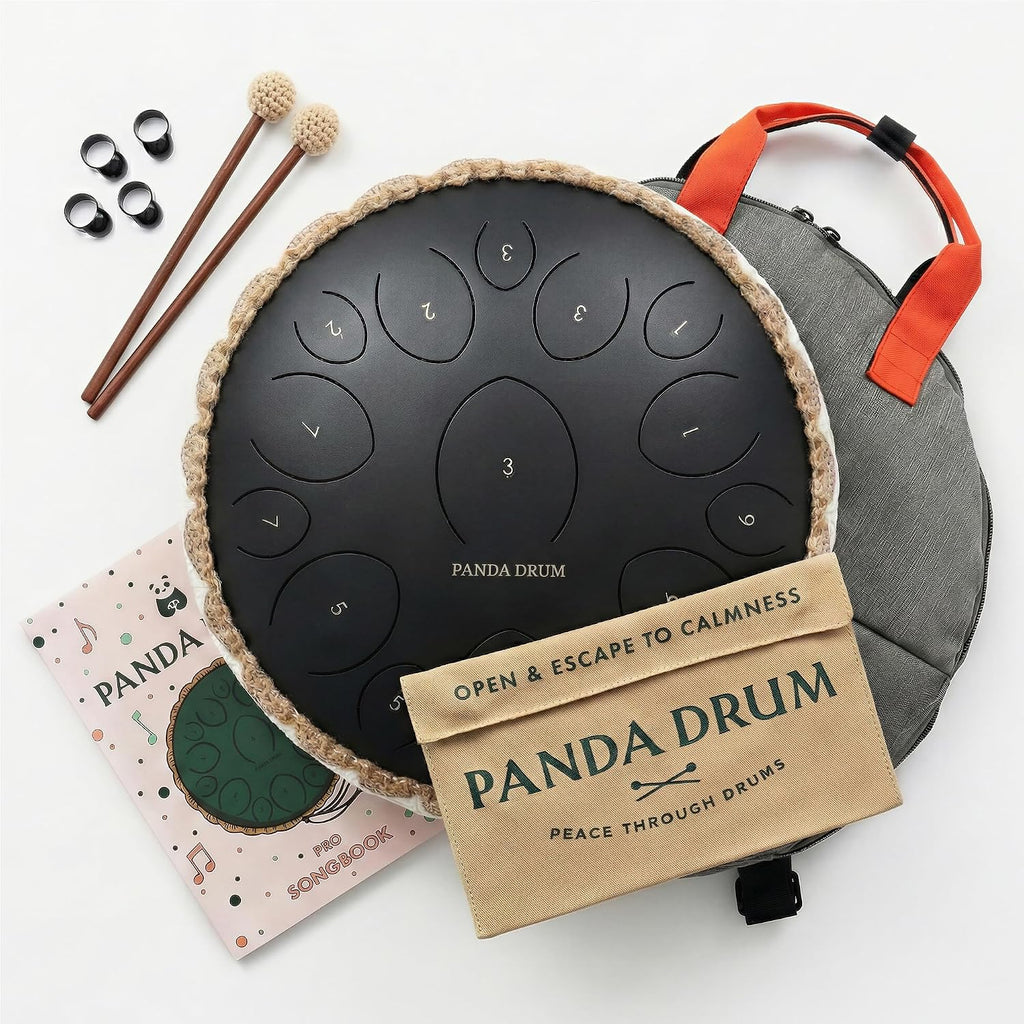 Panda Drum Pro 15" Steel Tongue Drum — 15-Note Hand Pan with Accessories