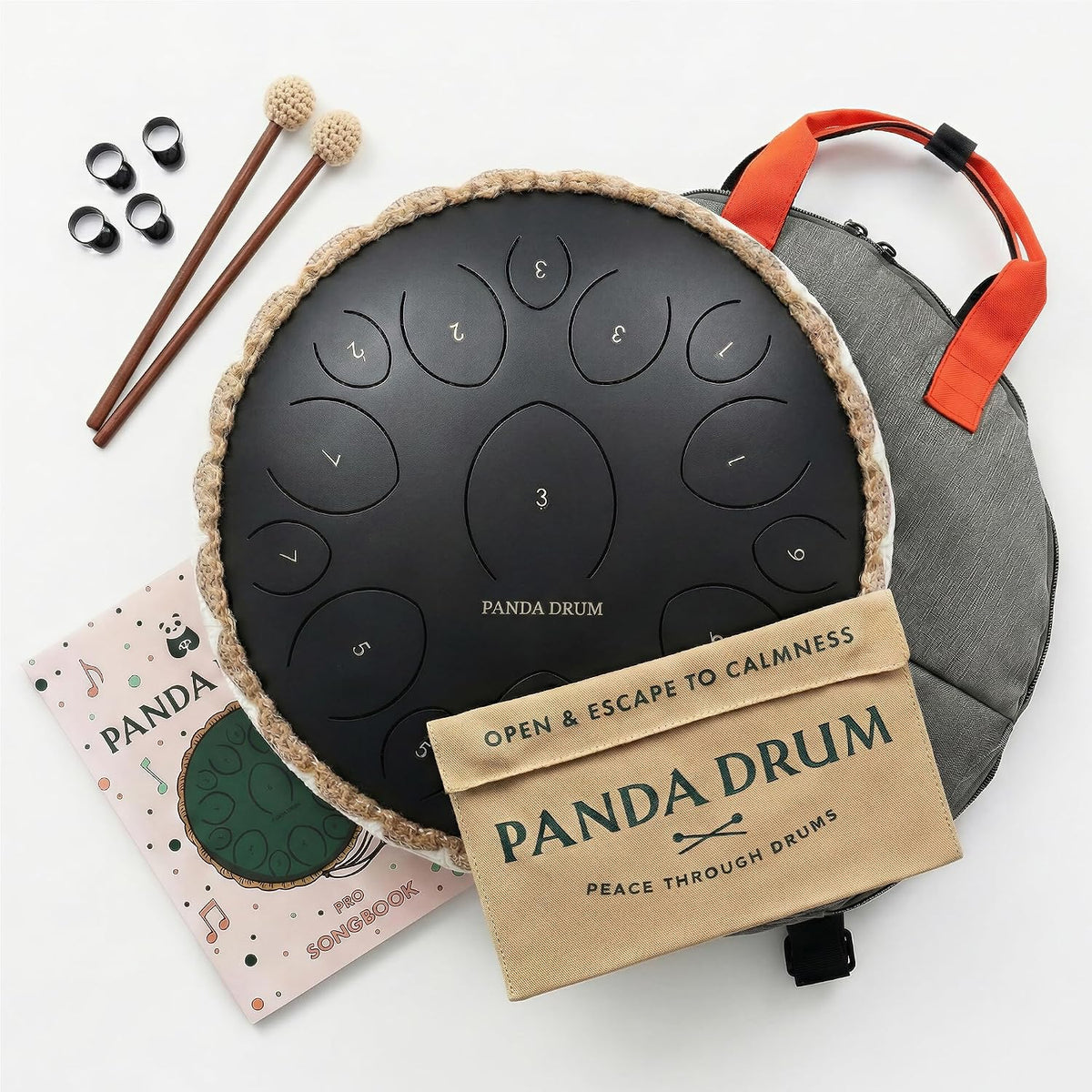 Panda Drum Pro 15" Steel Tongue Drum — 15-Note Hand Pan with Accessories
