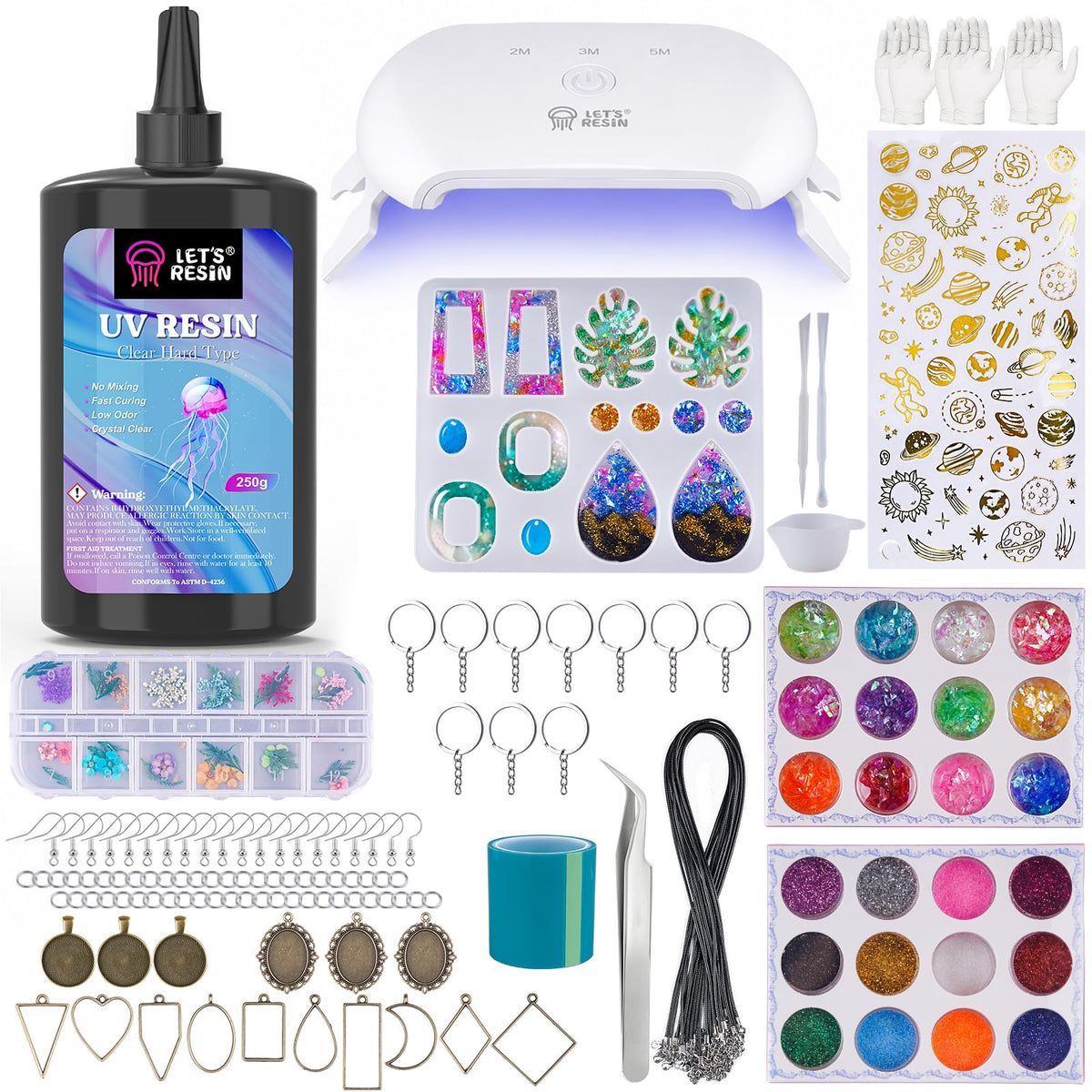 LET'S RESIN 12-Color UV Resin, 73Pcs Keychain Making Kit for Beginners