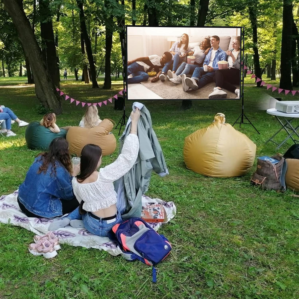 100 Inch Outdoor Projector Screen with One-Piece Telescopic Stand, Wrinkle-Resistant 4K HD Movie Screen for Backyard, Camping and Indoor Home Theater (Fits Long Throw Projectors)