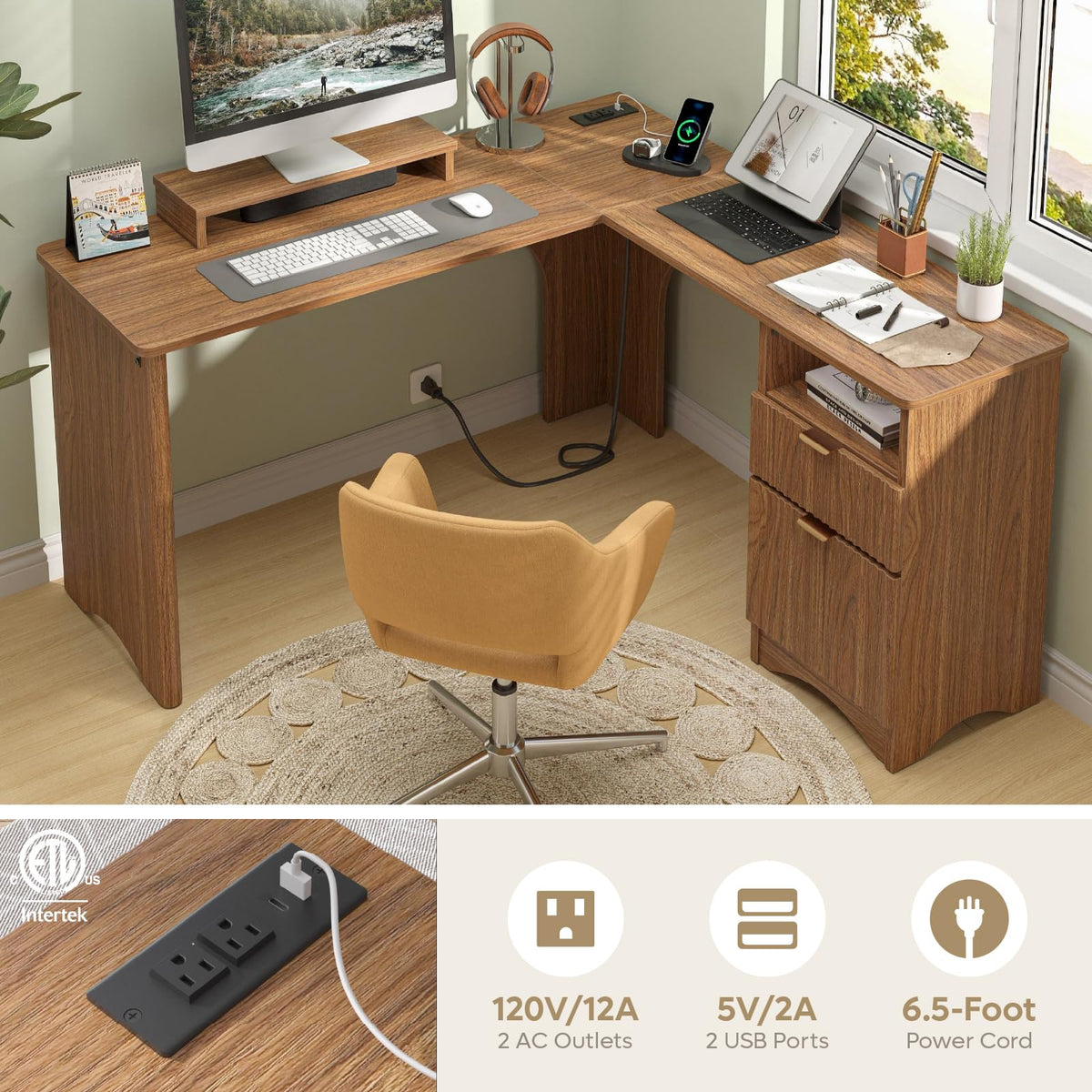 Bestier: 55" L-Shaped Student Study Desk with Manual Lift Top, USB Charging & File Drawer