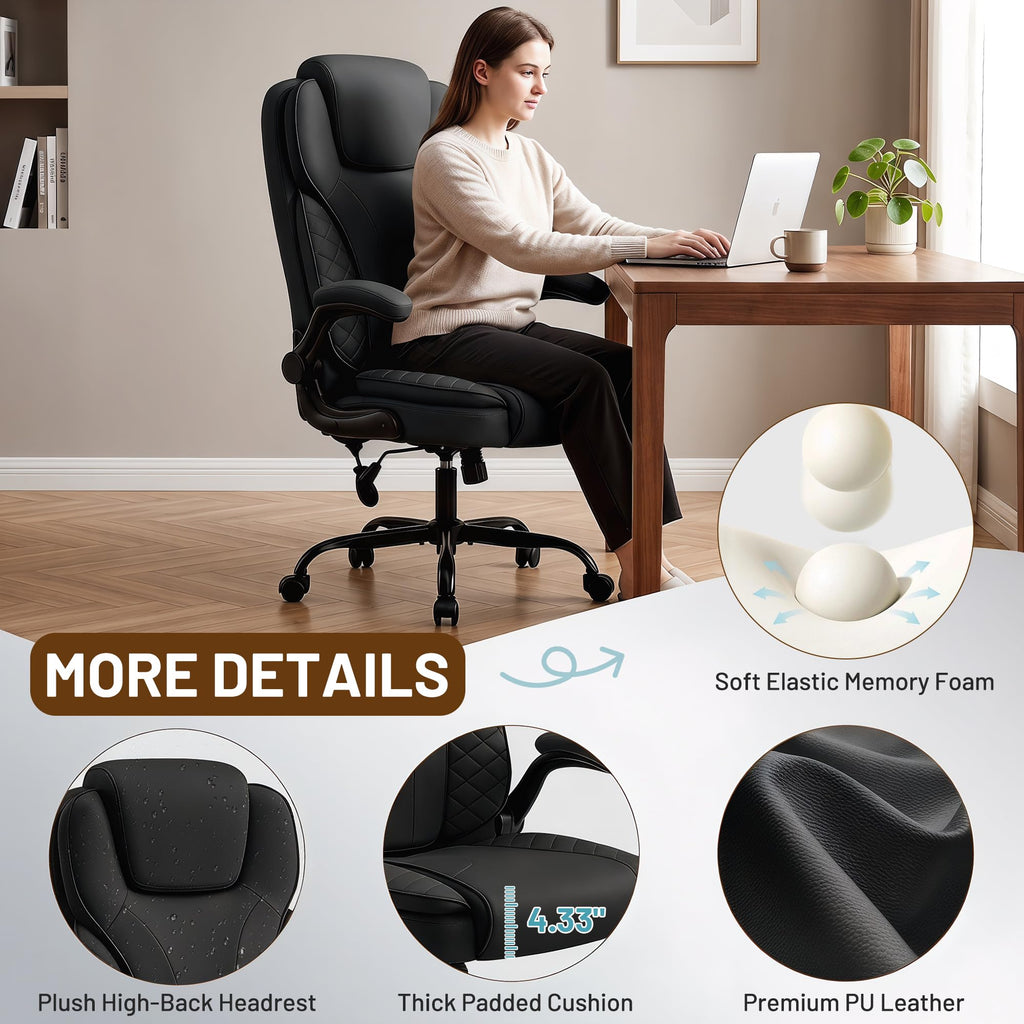 Ergonomic Office Chair, PU Leather High Back Executive Chair with Adjustable Inflatable Lumbar Support and Padded Flip-Up Arms, Recline Swivel Task Computer Chair for Home Office, Khaki