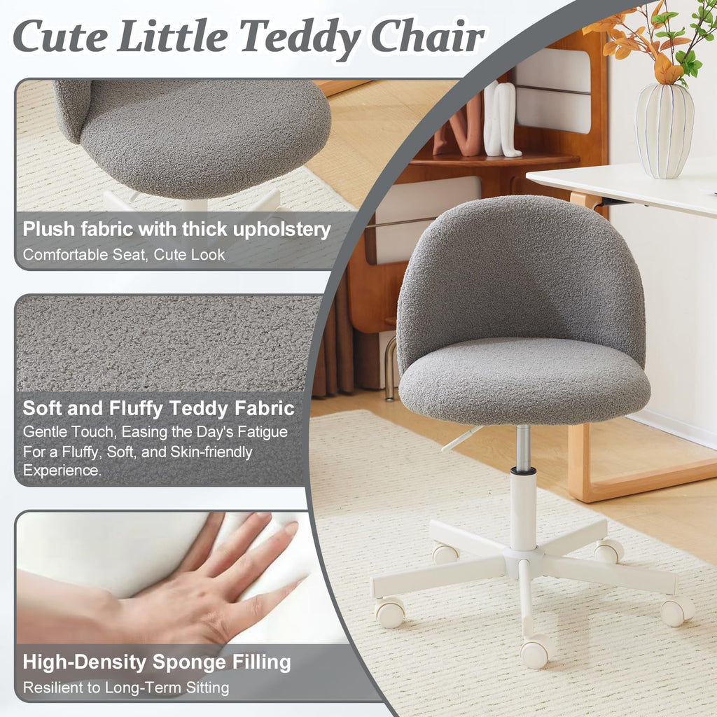 VINGLI Cute Candy Chair Armless Comfy Small Office Desk Vanity Chair with Wheels & Lumbar Support,Teddy Adjustable Rolling Swivel Computer Task Ch for Home Office,Bedroom,Gentle Pink