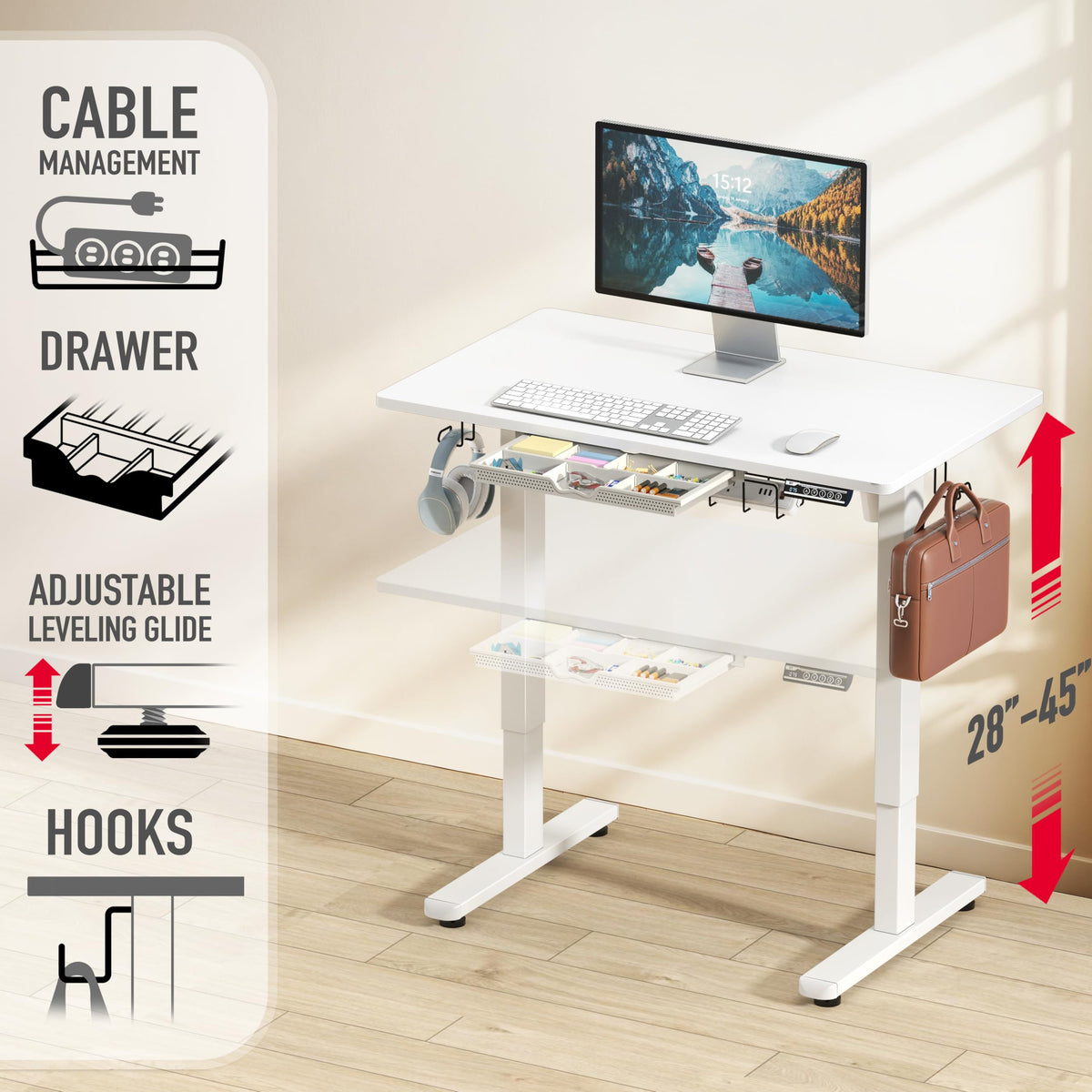SHW 55 x 28 Electric Height Adjustable Standing Desk w/Drawer, White