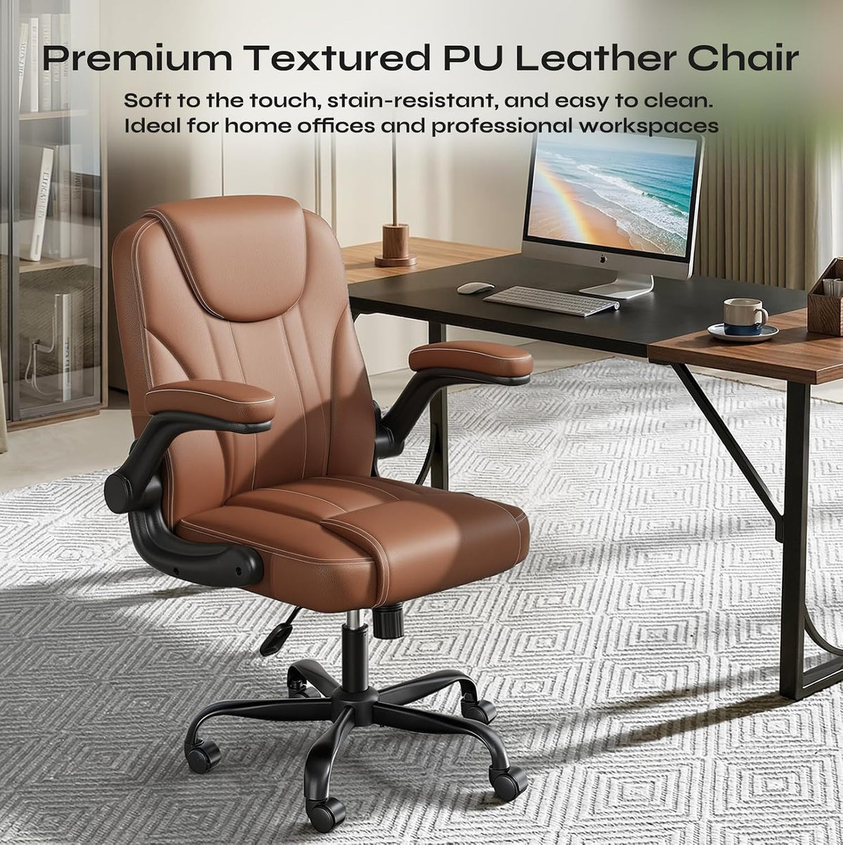 PU Leather Mid-Back Office Chair, Flip-Up Arms, 3.5" Dual-Layer Cushion