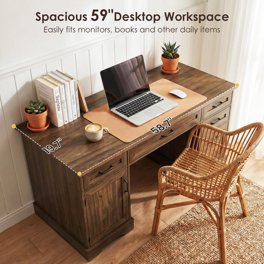 OffiGo Farmhouse 59 Inch Executive Desk with Drawers, Walnut+White