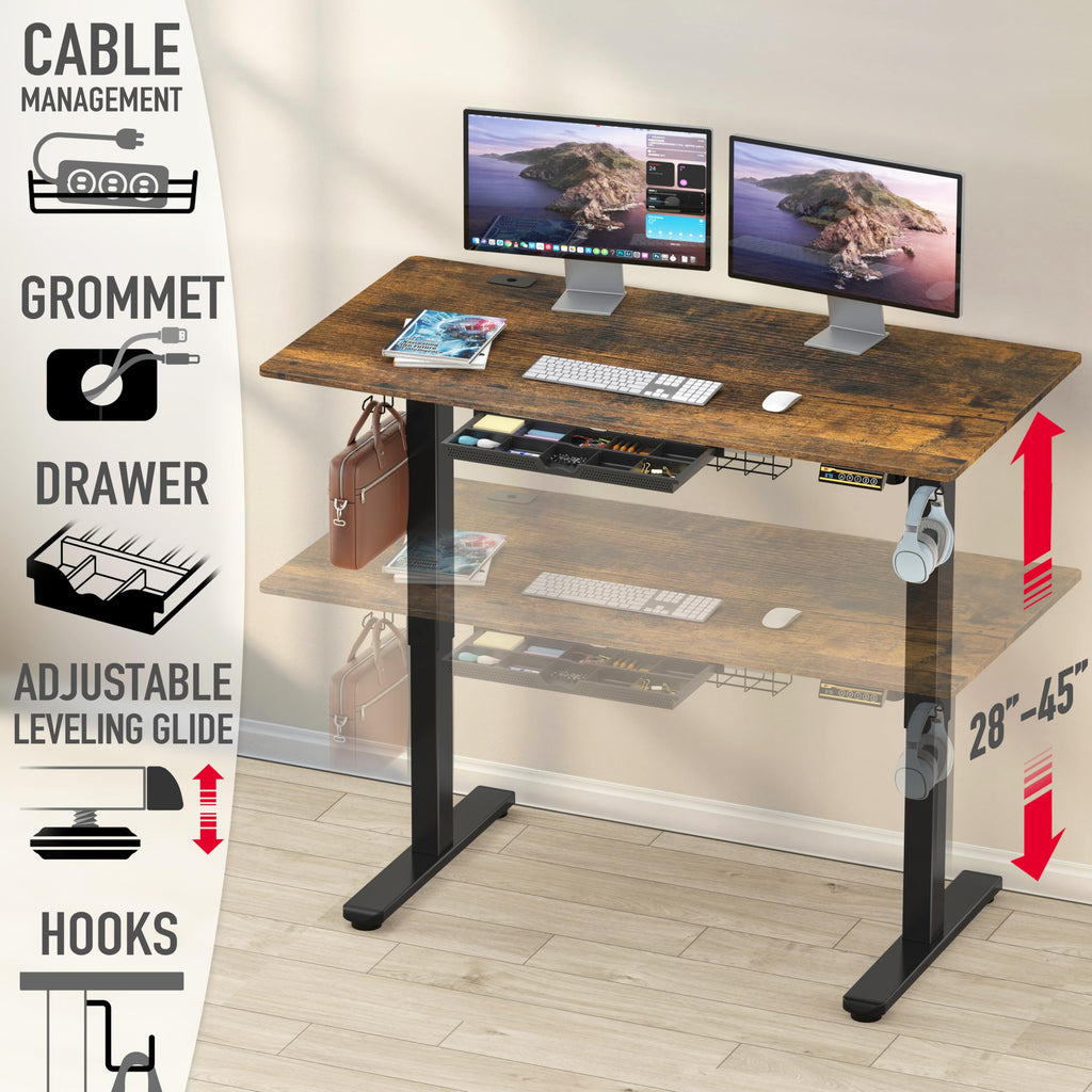 SHW 55 x 28 Electric Height Adjustable Standing Desk w/Drawer, White
