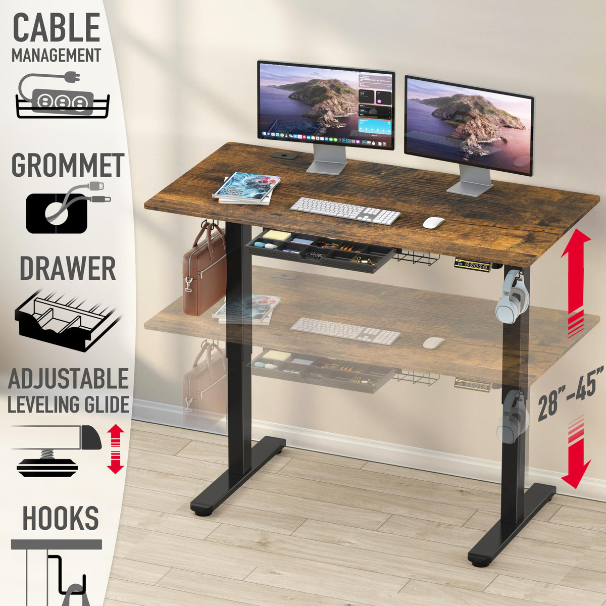 SHW 55 x 28 Electric Height Adjustable Standing Desk w/Drawer, White