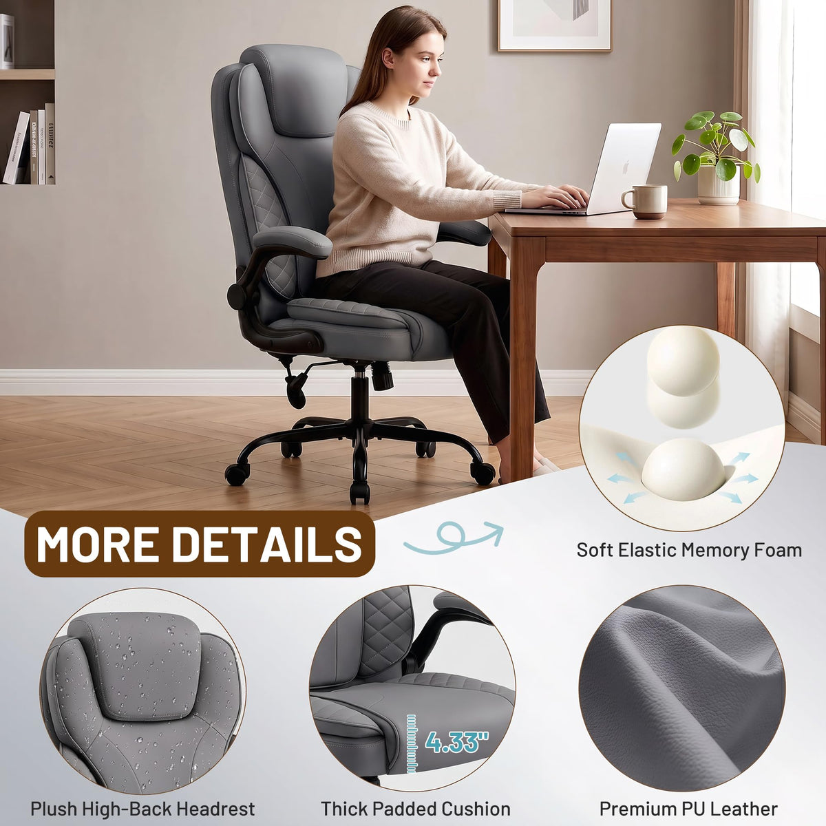 Ergonomic Office Chair, PU Leather High Back Executive Chair with Adjustable Inflatable Lumbar Support and Padded Flip-Up Arms, Recline Swivel Task Computer Chair for Home Office, Khaki