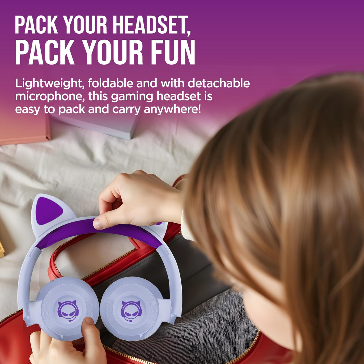 HyperGear Kombat Kitty Headphones for Kids - Cute Cat Ear Kids Headphones with Cord, Gaming Headset with Mic for Girls, Ideal for School, Home & Streaming, Pink