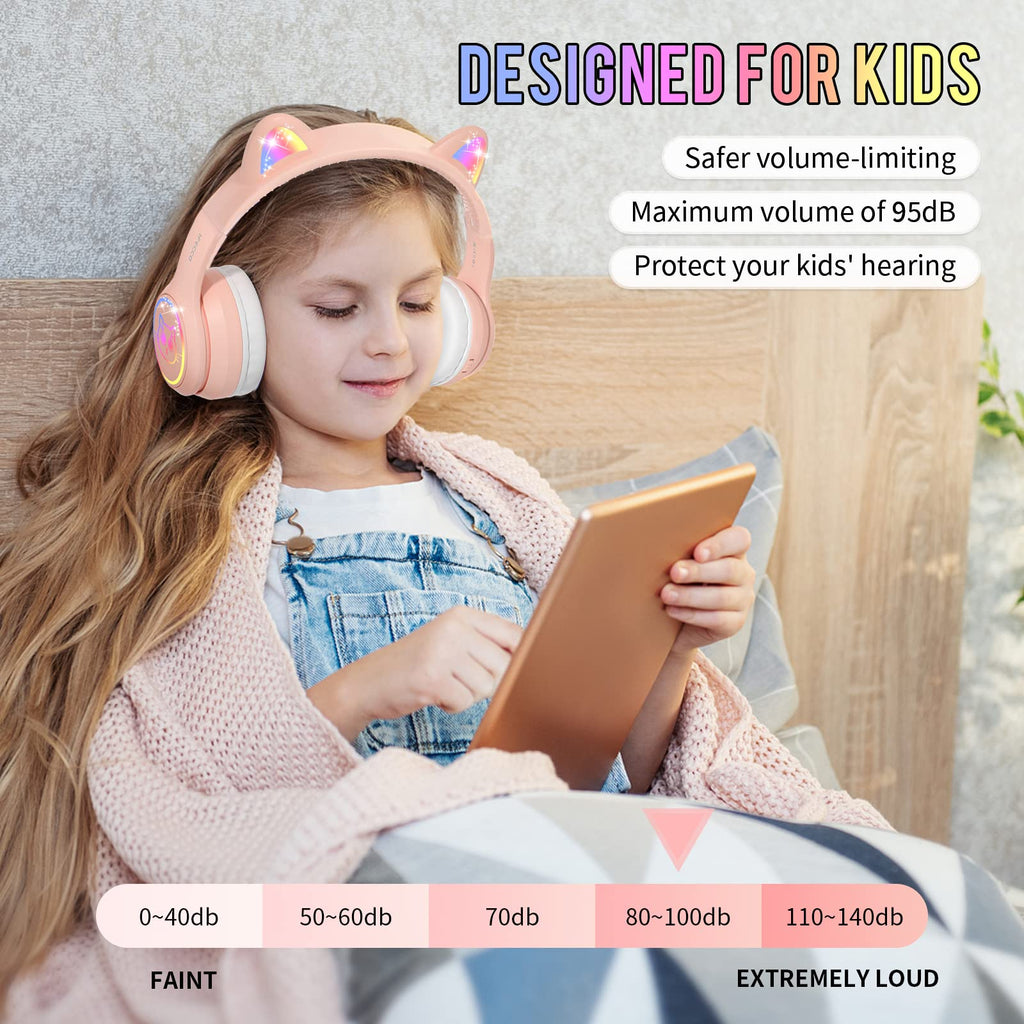 IFECCO Kids Bluetooth Headphones with Case,Cute LED Light Up Cat Ears