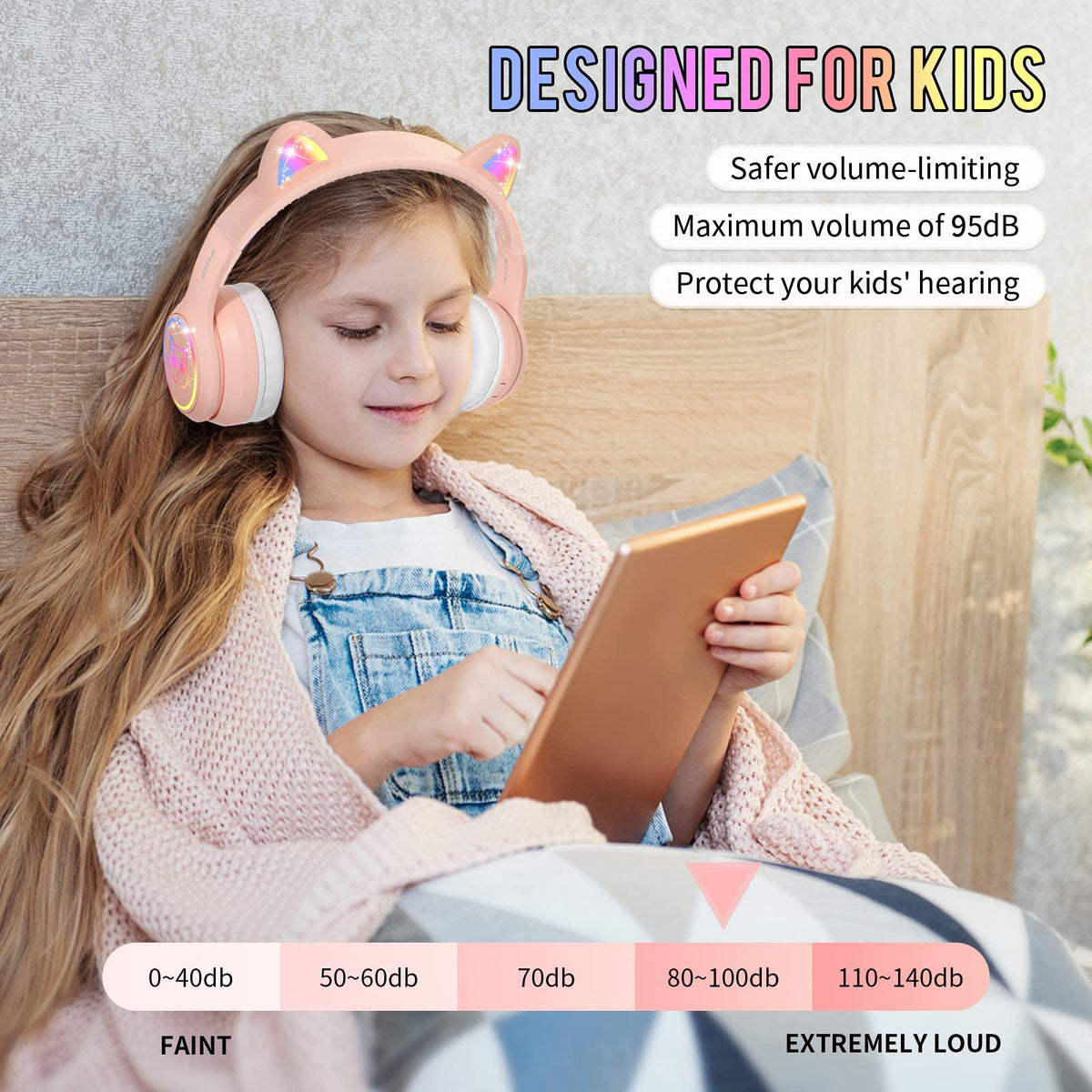 IFECCO Kids Bluetooth Headphones with Case,Cute LED Light Up Cat Ears
